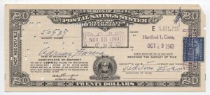 1963 $20 postal savings certificate 20ct liberty early redemeption fee [6250.1]