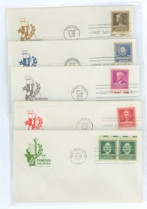 US 874-878 1940 Educators (part of the famous American series) set of five on five first day covers with matching House of Farnu