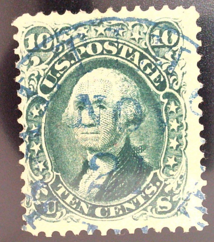 Scott #68 - F - 10c Green - Washington - Used Blue cancel - 1861