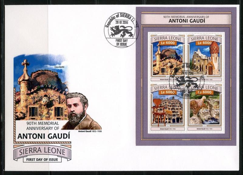 SIERRA LEONE 2017 90th MEMORIAL ANNIVERSARY OF ANTONI GAUDI SHEET FDC