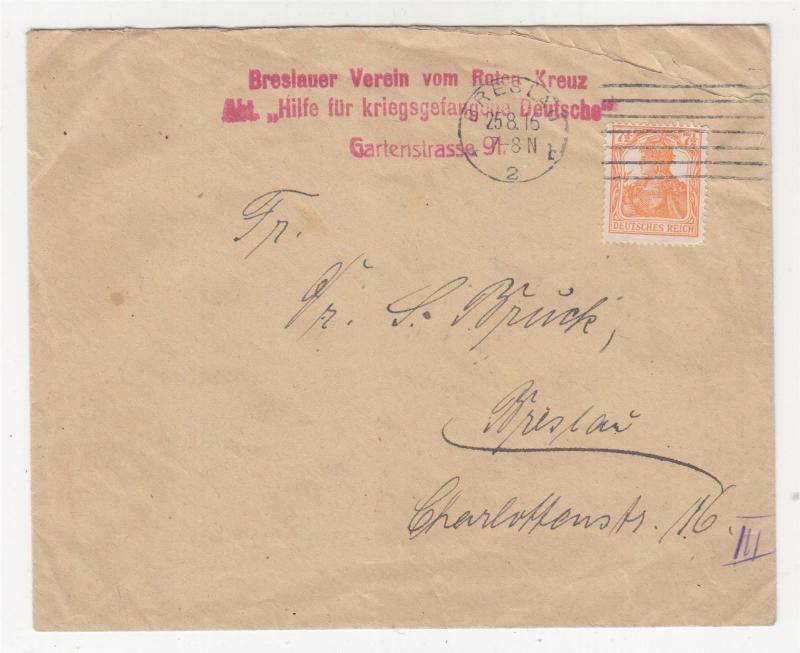 GERMANY, 1915 cover, Breslau Red Cross, Help for POW's 7 1/2pf., BRESLAU, local.