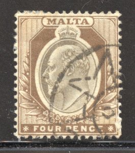 Malta Scott 26 Used LH - 1904 4p King Edward VII, Wmk 2 - SCV $21.00