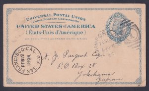 US Postal Card UX6 from Stamford CT 1894 to YOKOHAMA, JAPAN