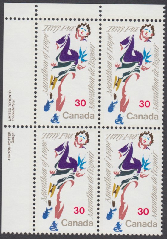 Canada - #915 Terry Fox Plate Block - MNH