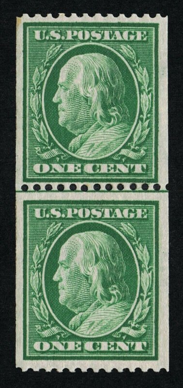 GENUINE SCOTT #348 VF MINT OG NH 1908 GREEN COIL LINE PAIR PERF-12 DL-WMK #10219