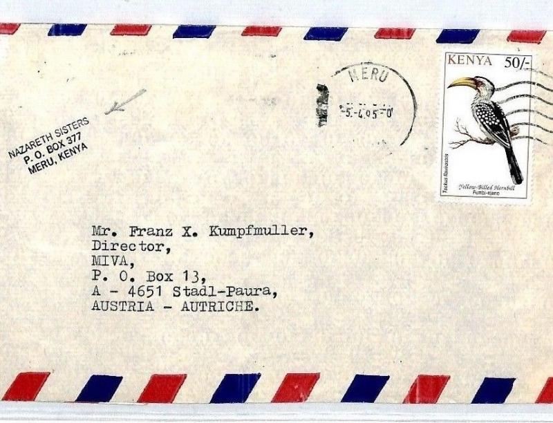 Kenya Cover *NAZARETH SISTERS* Cachet 1995 Meru Missionary Mail BIRDS MIVA CM83