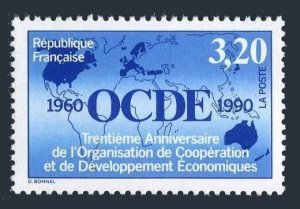 France 2241,MNH.Michel 2812. OCDE,30th Ann.1990.World map.