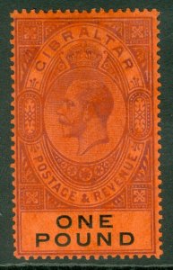 SG 85 Gibraltar 1912-24. £1 dull purple & black/red. Lightly mounted, good...