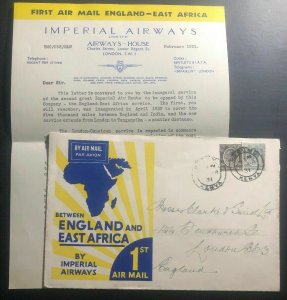 1931 Kisumu Kenya KUT First Flight Airmail Cover FFC To London England Imperial