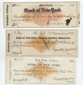 Group of 3 different 1871-1880 Columbia College revenue paper checks [y7805]