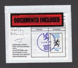 ALDERNEY PARCEL 70p ON 1992 DISPATCH DOCUMENT