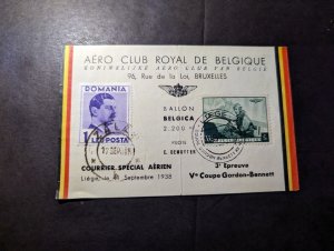 1938 Belgium Aviation Club Souvenir Postcard Cover Liege to Zalau Romania