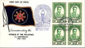 Philippines FDC 1955 - 9th Anniversary of RP - 4 x 30c Stamp - Block - F43121