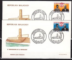 Malagasy Rep., Scott cat. 417-418. Republic Anniversary. 2 First day covers. ^