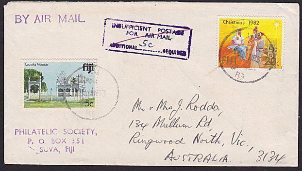 FIJI 1983 Airmail cover held for additional postage & 5c added.............5986