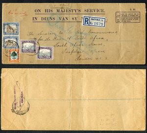 South Africa 1944 registered OHMS env franked 2d x 2 6d + 1s pair Officials