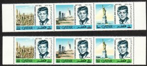 1966 Qatar JFK U.N perf strips of 3 revalued, full set Sc# 119 119A CV: $80.00