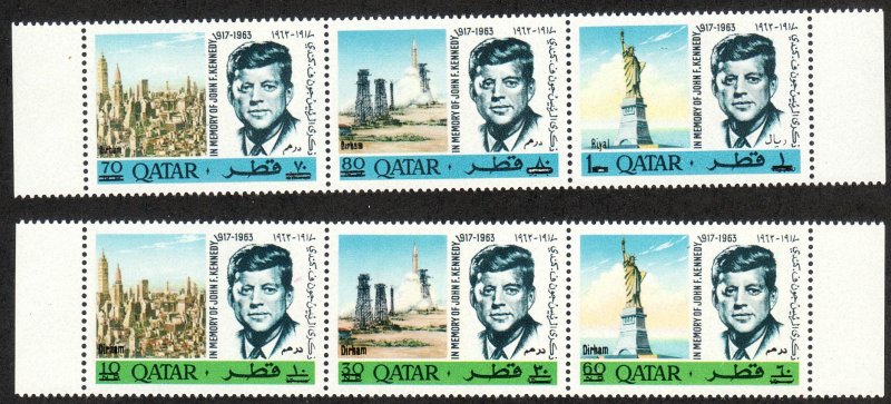 1966 Qatar JFK U.N perf strips of 3 revalued, full set Sc# 119 119A CV: $80.00