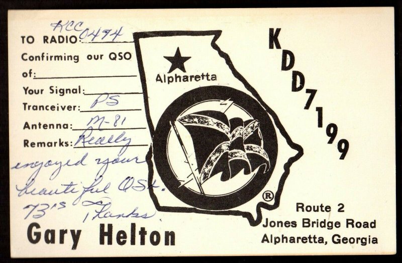 QSL QSO RADIO CARD KDD7199,Gary Helton, Alpharetta, Georgia (Q3607)