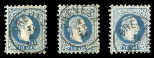 Austrian Levant, 1867 10sld blue, three copies, each with Prevesa cancels