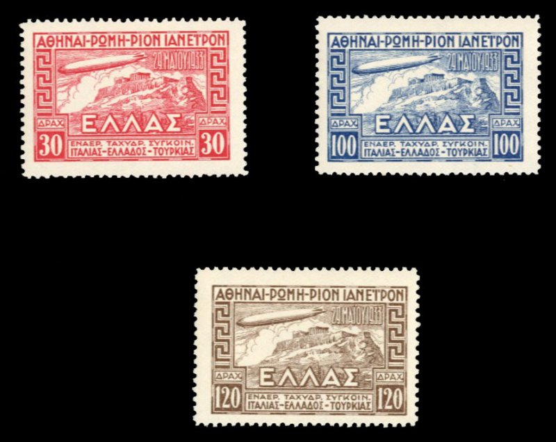 Greece #C5-7 Cat$118, 1933 Zeppelin, set of three, lightly hinged