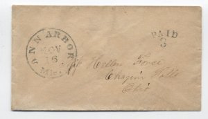 1850s Ann Arbor MI stampless cover paid 3 in arc rate handstamp [h.4568]