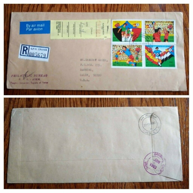 RARE YEMEN P.D.R “FOOTBALL CUP” SPAIN VICTORY 1982 STAMPS “REGISTERED” COVER