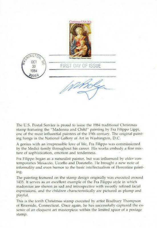 signed PMG Bolger USPS First Day Ceremony Program #2107 Christmas Art Madonna
