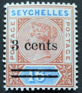 Seychelles 1901 QV Three Cents opt with Malformed S SG 38d mint
