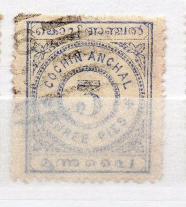 India Cochin 1909 Early Issue used Shade of 3p. NW-15911