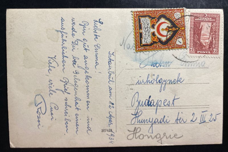 1934 Istanbul Turkey RPPC Postcard Cover To Budapest Hungary Tax Stamp