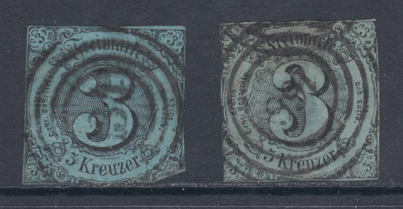 Thurn & Taxis Sc 43, 44 used 1852-1853 3kr Numerals on 2 diff papers