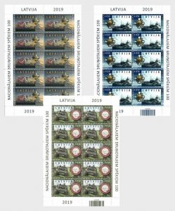 Latvia 2019 100 ann armed forces Helicopter Tank Ship set of 3 sheetlets MNH