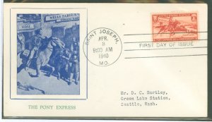 US 894 1940 3c Pony Express 80th anniversary (single) on an addressed (typed) fdc with a Grandy cachet.