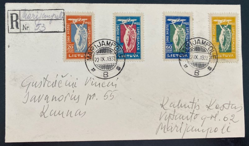 1922 Marijampole Lithuania Early Airmail Registered cover To Kaunas Sc#C8-11 