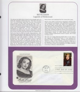 2008 Bette Davis actress Hollywood Sc 4350 first day cover FDC, PCS info page