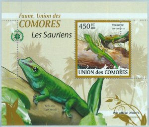 A0409 - COMORES, ERROR, MISPERF, Souvenir sheet: 2009, Lizards, Reptiles