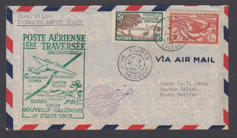 New Caledonia Sc 143, C2 on 1940 Pan-Am First Flight cover, Noumea-Canton Island