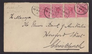 New Zealand 1897 SSFQ mail PO WADDINGTON