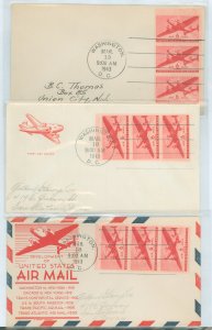 US C25a 1943 6c Bi-Motor transport plane/panes of three on three FDCs (one uncacheted - two with cachets)