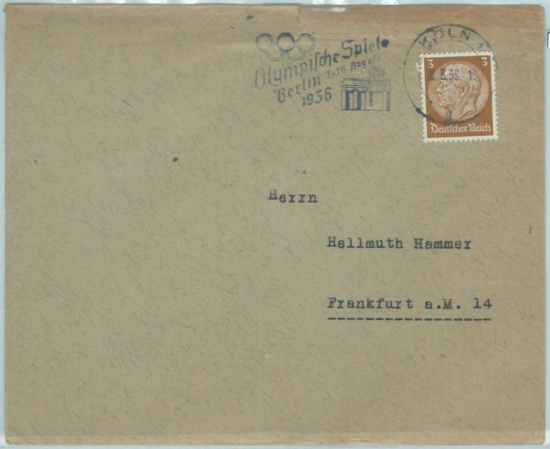 68259 - GERMANY - POSTAL HISTORY - COVER: 8.5.1936 Olympic postmark: Cologne COLN-