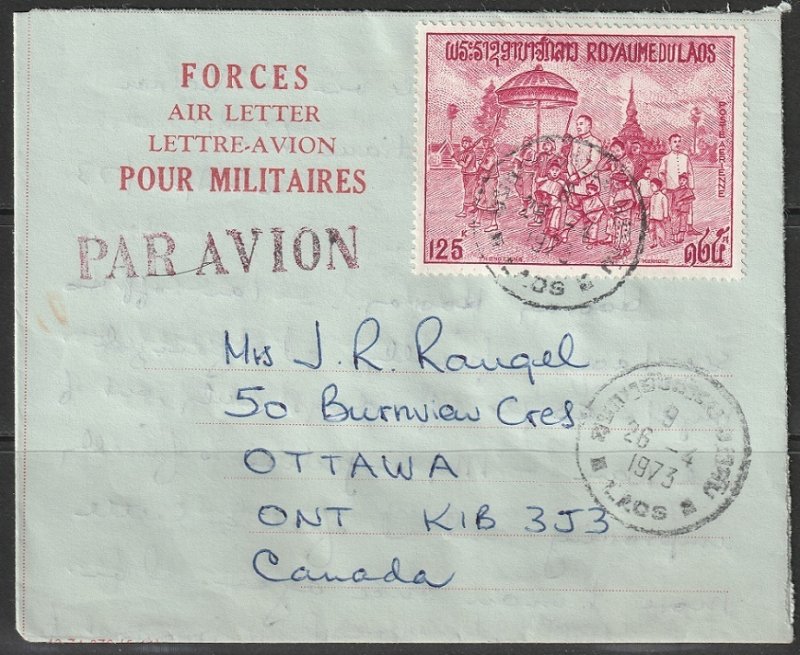 Laos 1973 Sc C95 folded military air mail letter from Laos to Ottawa Canada