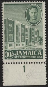 Jamaica 135 (mlh) 10sh Institute of Jamaica, Geo. VI, grn (1945)