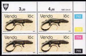 Venda - 1986 Reptiles 16c 1987.04.01 Plate Block MNH** SG 131