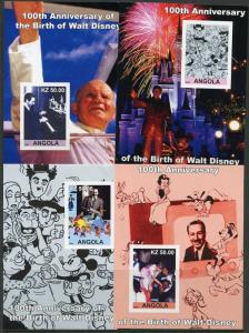 ANGOLA 100th ANNIVESARY OF BIRTH OF WALT DISNEY SET OF 16 IMPERFORATE S/S  MINT