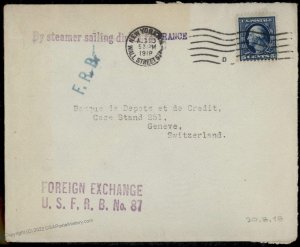 USA 1918 Switzerland By Steamer France 5c Washington Cover 81899