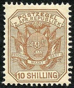 Transvaal SG212a 10/- Pale chestnut M/M (hinge remainders) Cat 24 pounds