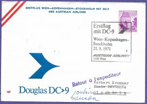 AUSTRIAN AIRLINES-AUA  VIENNA / STOCKHOLM - 1971 FIRST FLIGHT AIRMAIL COVER.