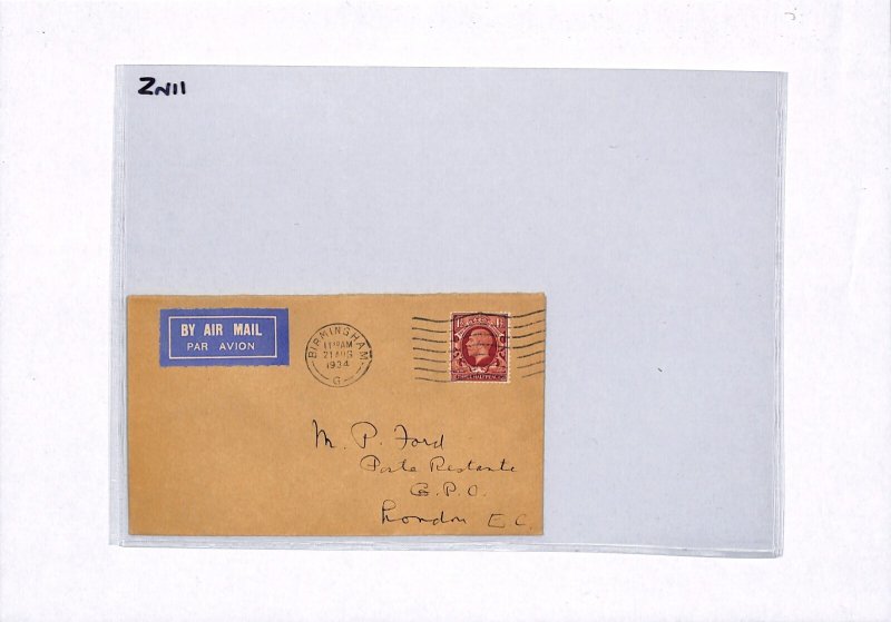 GB Air Mail Cover FIRST FLIGHT Birmingham London Poste Restante 1934 ZN11