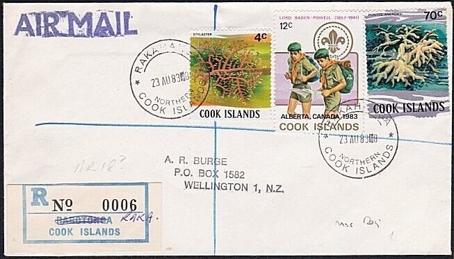 COOK IS 1983 Registered cover ex RAKAHANGA - Raro reg label changed to 'Raka'